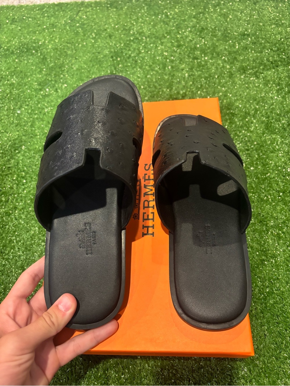 Hermes Black Perforated H Slide Sandals